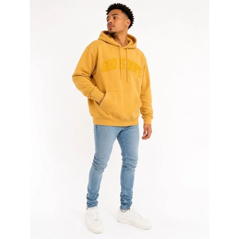 God Is Dope Oversized Hoodie Small Mustard Yellow Ringspun Cotton Mens